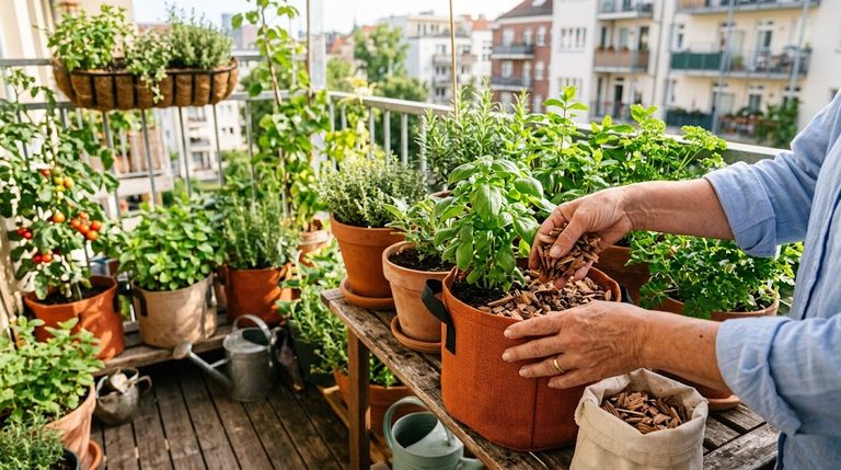 A balcony gardener adding organic mulch to potted container plants to prevent soil drying out fast