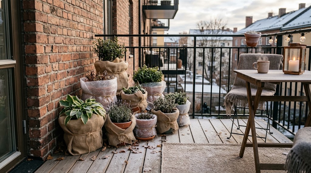 A balcony gardener insulating container pots to winterize apartment balcony garden containers