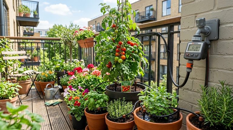 A balcony gardener setting up a drip diy balcony irrigation system for container pots