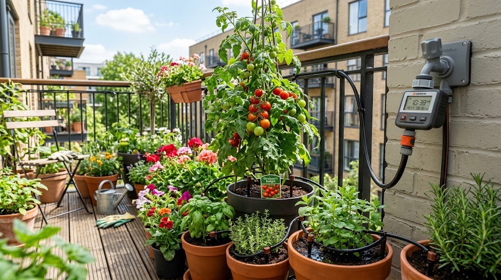 A balcony gardener setting up a drip diy balcony irrigation system for container pots