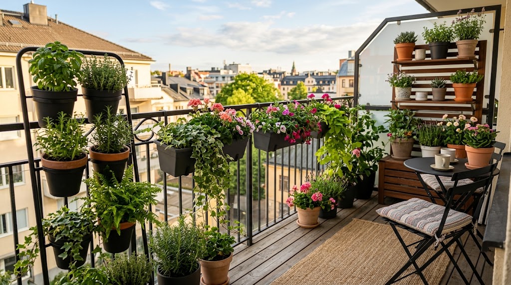 A beautifully arranged small apartment balcony showing smart balcony plant layout ideas