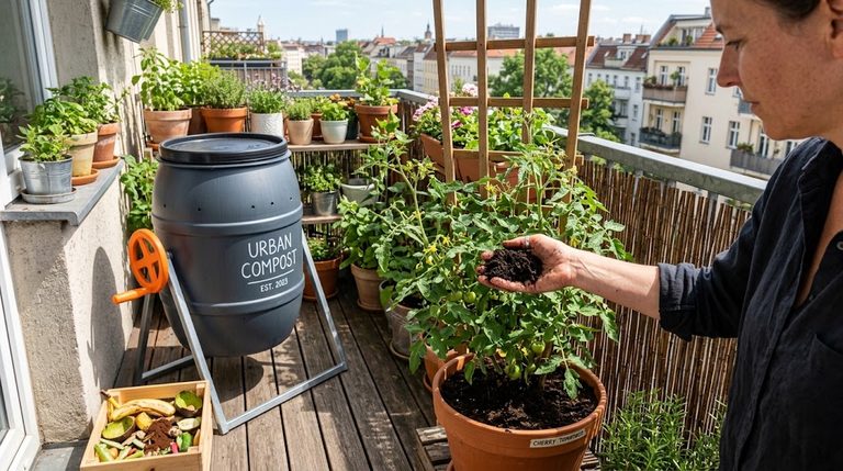 A compact DIY balcony compost bin for small apartments producing rich black compost