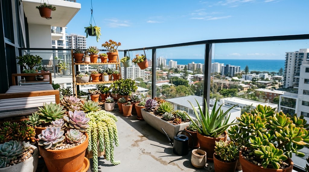 A vibrant arrangement of potted succulents for hot sunny balconies on an apartment patio