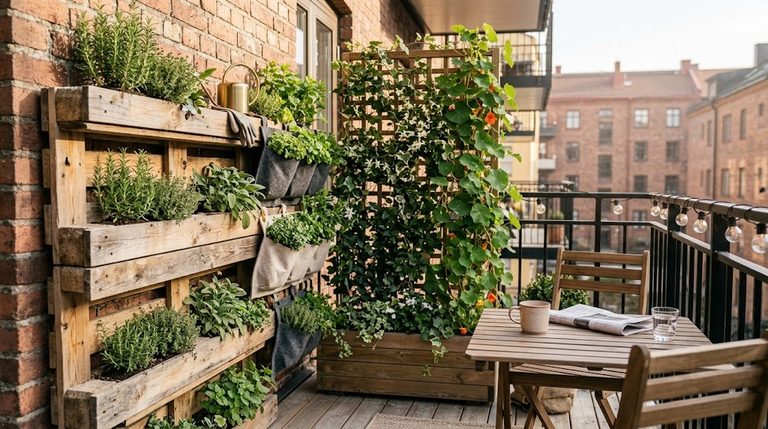 A vibrant wooden wall planter displaying smart vertical balcony garden ideas