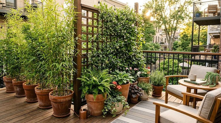 Balcony privacy screen using tall potted plants and trellis