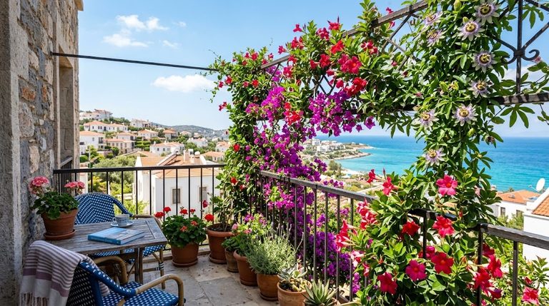 Bright blooming flowering vines for sunny balconies scaling an apartment railing trellis