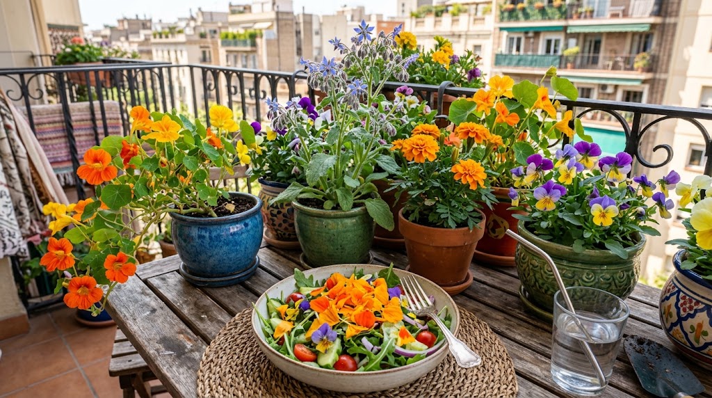 Colorful potted edible flowers for apartment balconies growing in ceramic containers