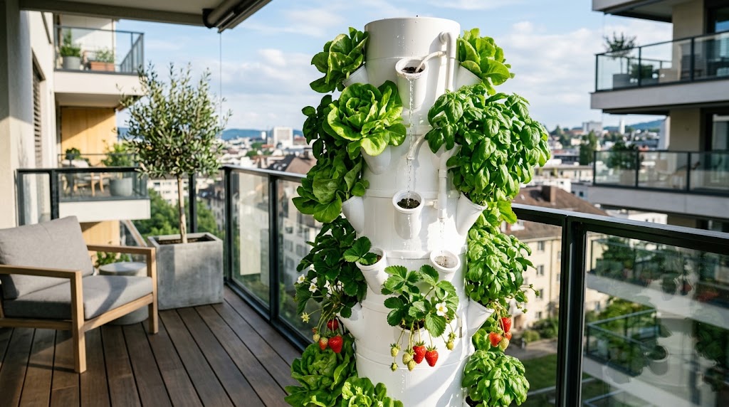 Compact vertical hydroponic systems for apartment balconies growing fresh lettuce and herbs
