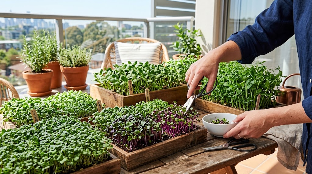 Harvesting fresh microgreens for apartment balconies growing in shallow seed trays