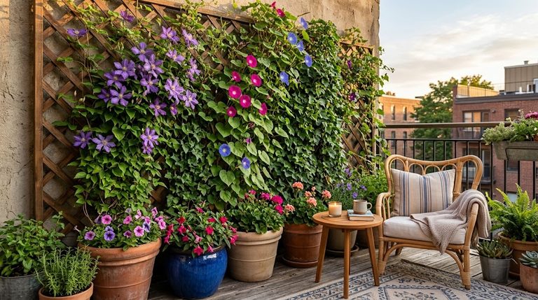 Lush flowering climbing plants for balcony trellises scaling a wooden patio lattice