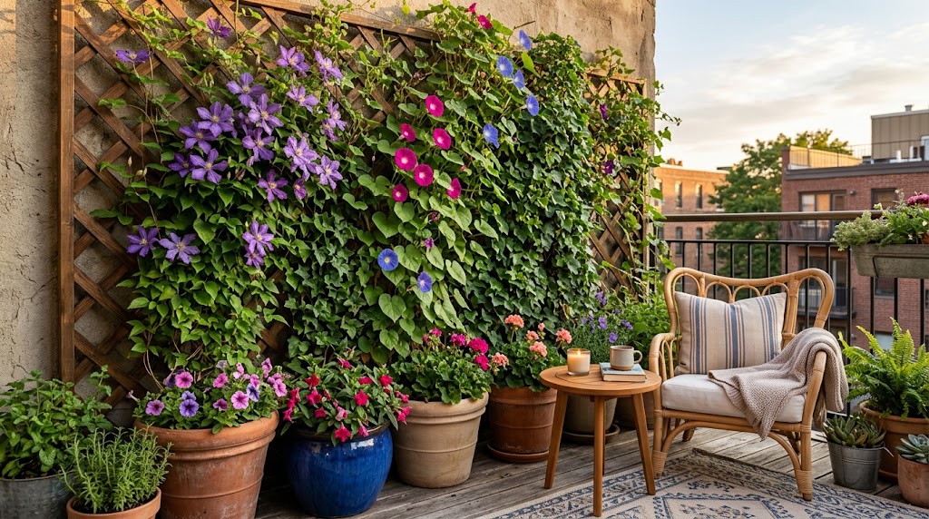 Lush flowering climbing plants for balcony trellises scaling a wooden patio lattice
