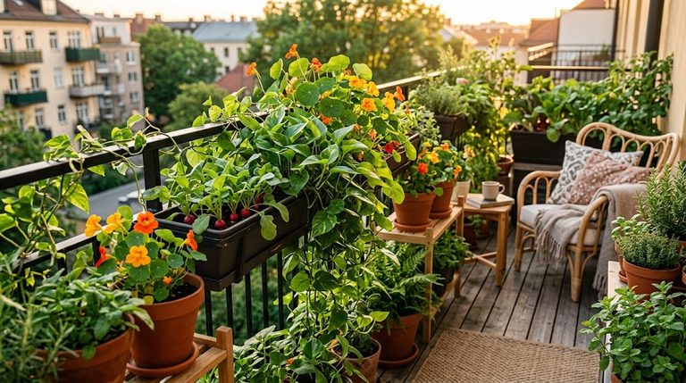 Lush green fast growing balcony plants filling pots on an apartment patio