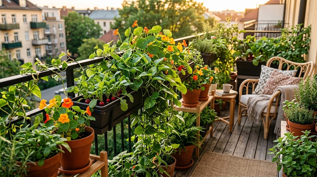 Lush green fast growing balcony plants filling pots on an apartment patio