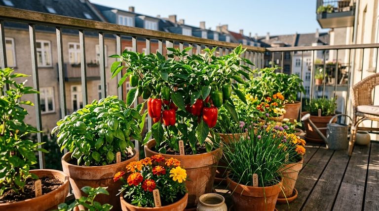 Potted bell peppers growing alongside companion plants for balcony peppers on an apartment patio