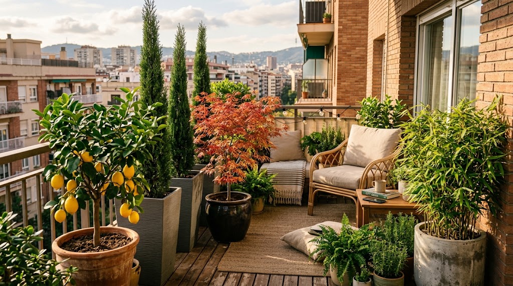 Potted dwarf trees for balcony privacy screening an apartment patio from neighbors