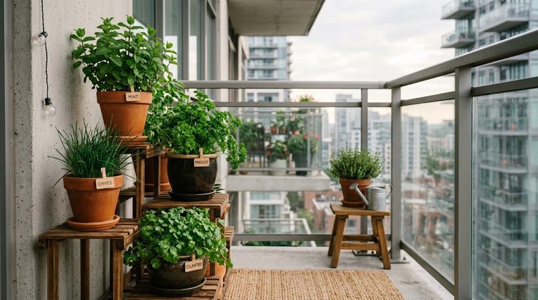 Potted shade tolerant herbs for balconies growing neatly on a shaded apartment patio