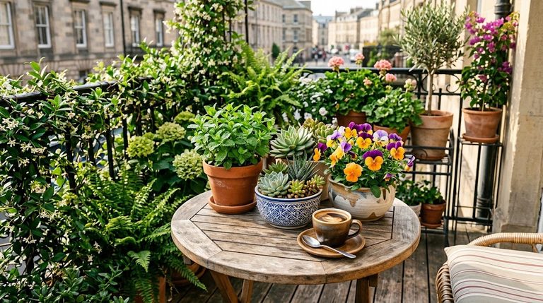 Stylish tabletop planters for small apartment balconies sitting on a outdoor bistro table