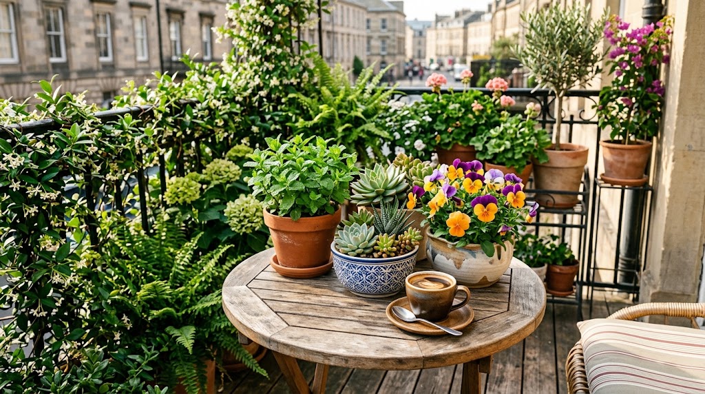 Stylish tabletop planters for small apartment balconies sitting on a outdoor bistro table