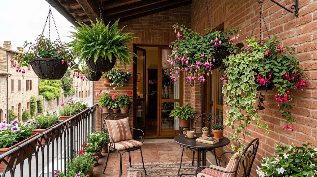 Trailing hanging basket plants for shaded balconies cascading over an apartment patio ceiling