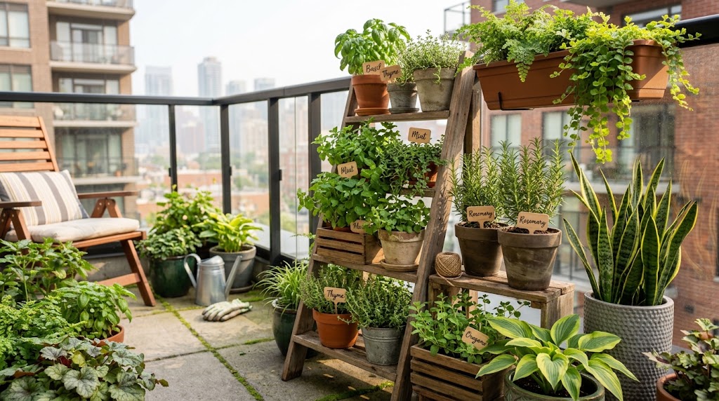 Vertical herb garden on a rented apartment balcony