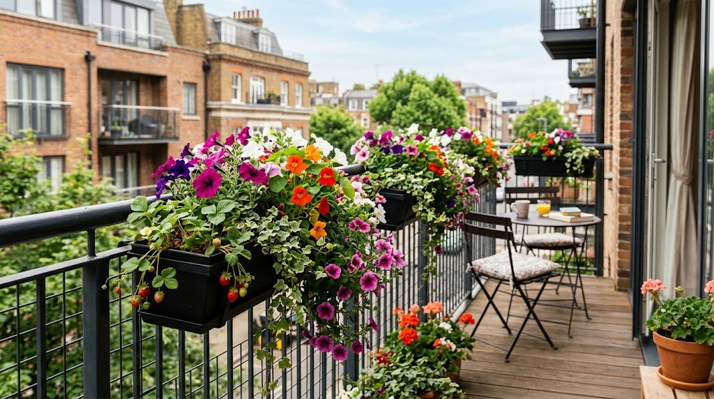 Vibrant flower-filled railing planters for apartment balconies lining a black metal patio railing