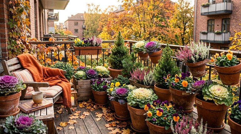 Vibrant potted cold hardy balcony plants blooming on an autumn apartment patio