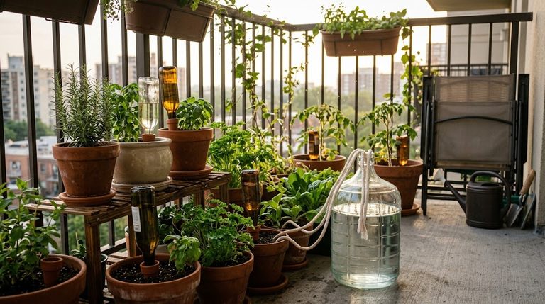 A DIY bottle drip spike setup to water balcony plants while away on vacation