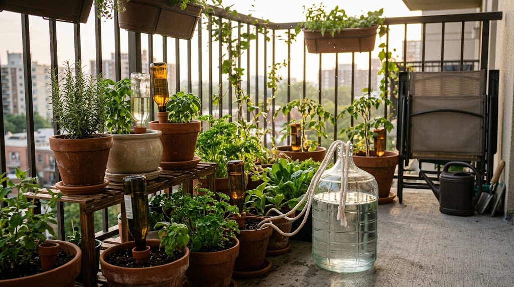 A DIY bottle drip spike setup to water balcony plants while away on vacation