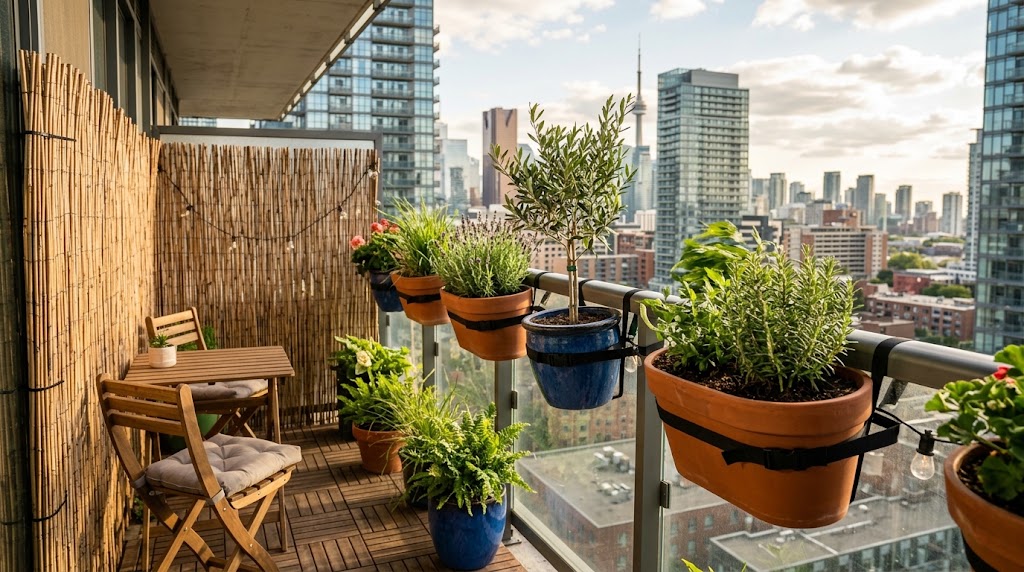 A balcony gardener securing plant pots to protect balcony plants from high winds
