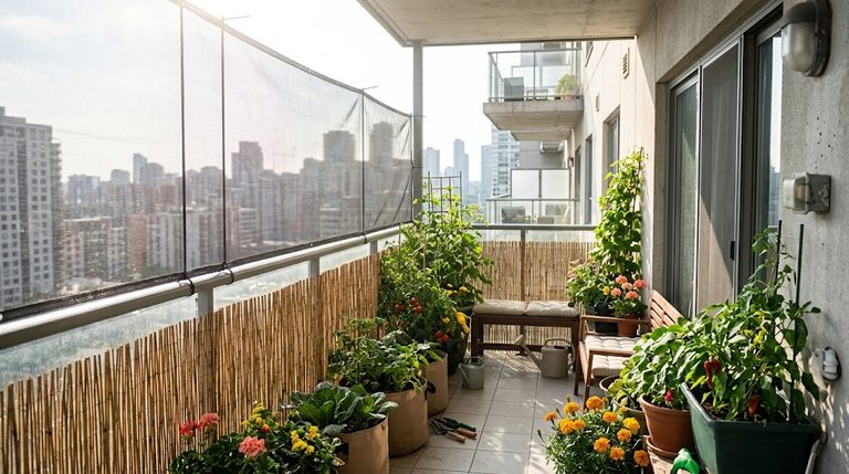 A balcony railing with woven bamboo windbreaks for balcony gardens shielding potted plants