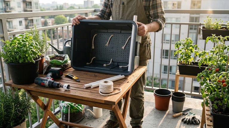 A gardener assembling DIY self-watering planter hacks for balconies using recycled containers and cotton wicks