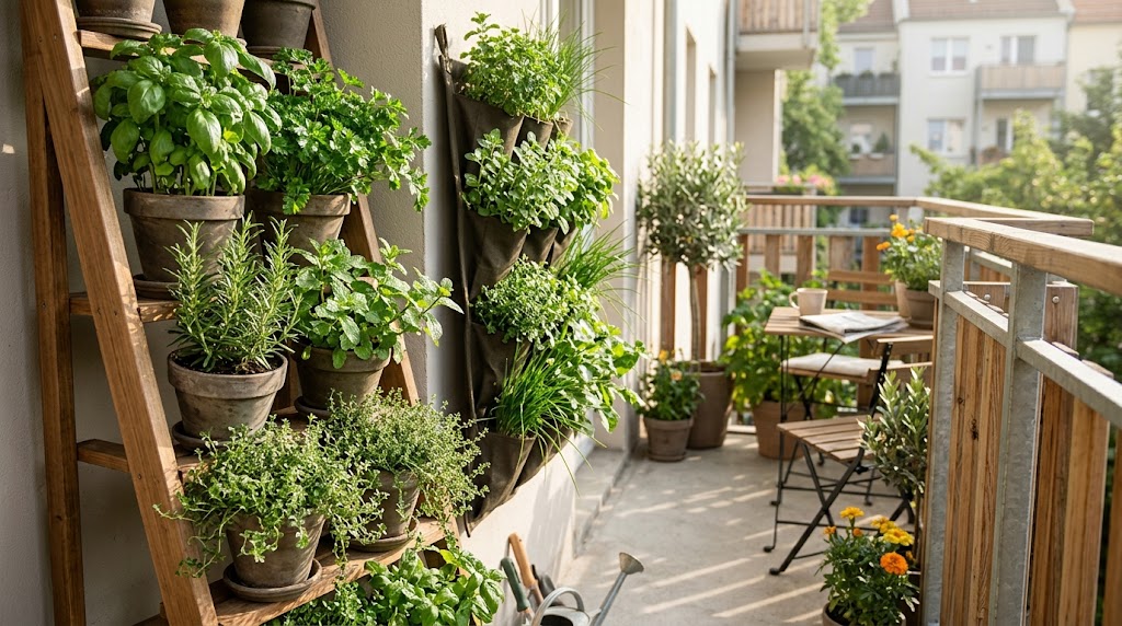 A thriving wall planter displaying the best vertical herbs for small apartment balconies