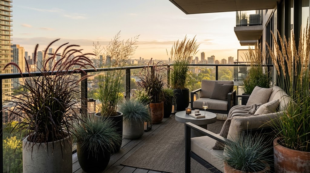 Graceful ornamental grasses for balcony containers swaying in the breeze on a modern apartment patio