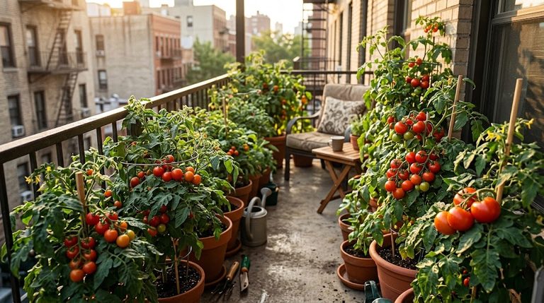 Heavy clusters of ripe red dwarf tomatoes for balcony containers growing in a terracotta pot