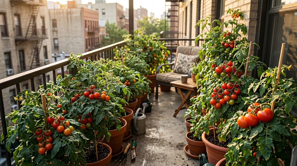 Heavy clusters of ripe red dwarf tomatoes for balcony containers growing in a terracotta pot