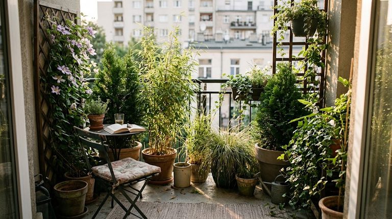 Lush green privacy plants for small balconies creating a living screen against neighboring apartments