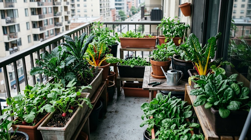 Lush green shade tolerant balcony vegetables growing in containers on a north-facing apartment patio