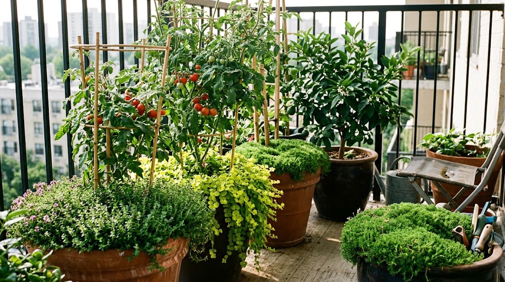 Lush trailing ground cover plants for balcony pots spilling over container edges on an apartment patio