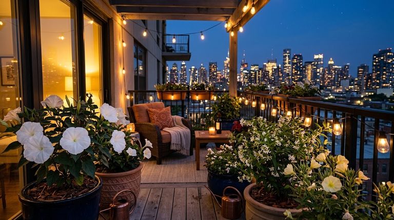 Moonlit container pots of night blooming plants for balconies releasing sweet evening perfume