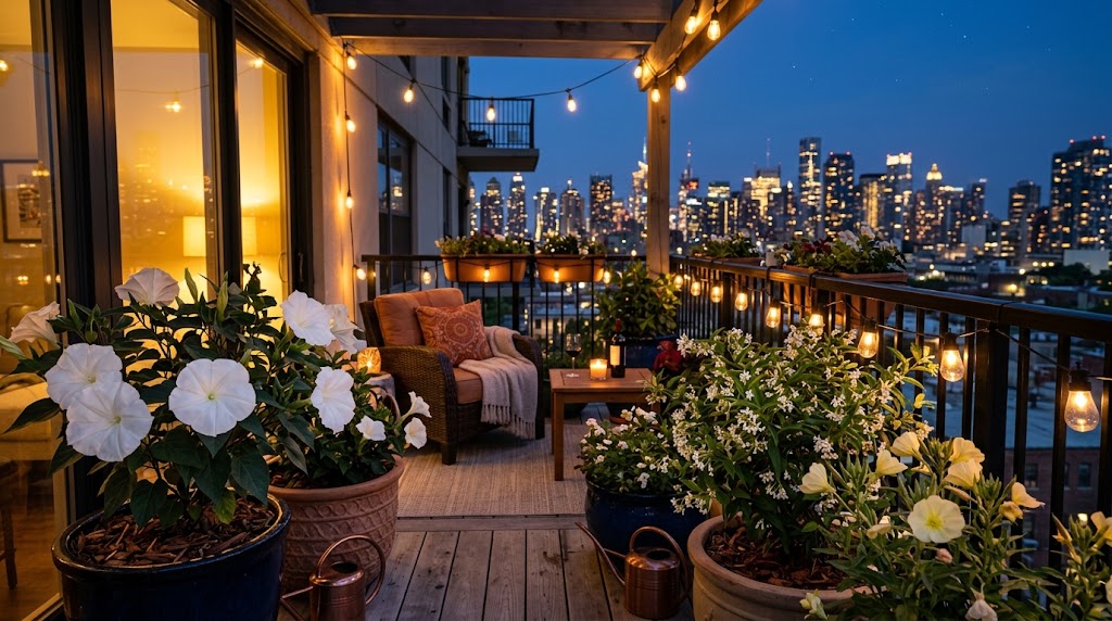Moonlit container pots of night blooming plants for balconies releasing sweet evening perfume