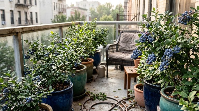 Plump clusters of sweet berries from dwarf blueberry varieties for balcony containers growing in a decorative glazed pot