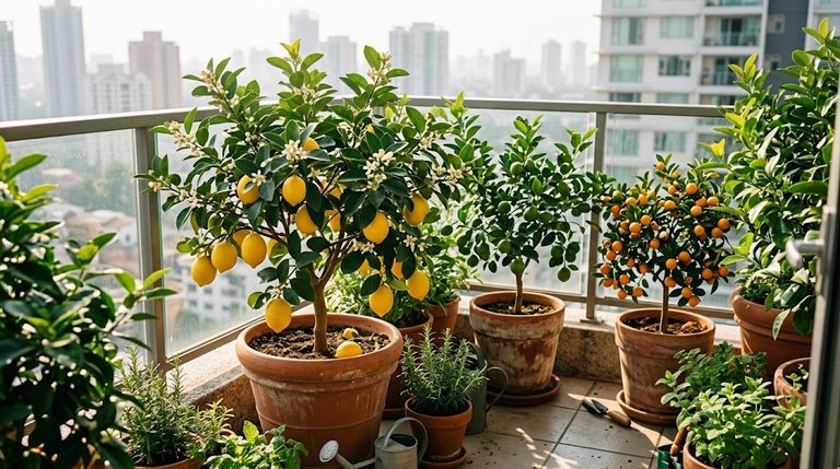 Potted dwarf citrus trees for balcony containers laden with ripe lemons and fragrant white blossoms