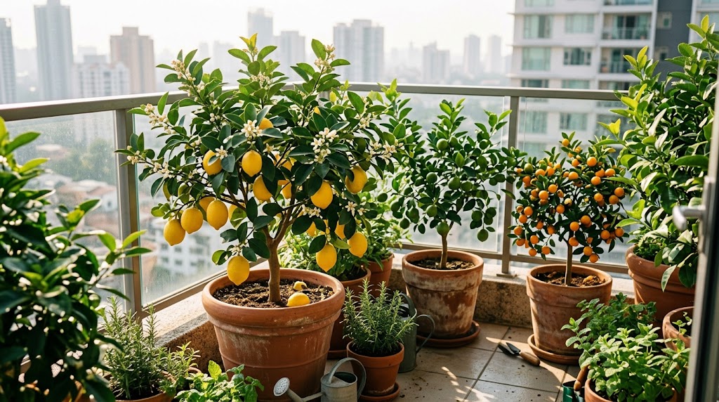 Potted dwarf citrus trees for balcony containers laden with ripe lemons and fragrant white blossoms