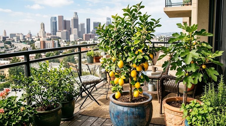 Potted dwarf fruit trees for apartment balconies bearing fresh lemons and figs on a sunny patio