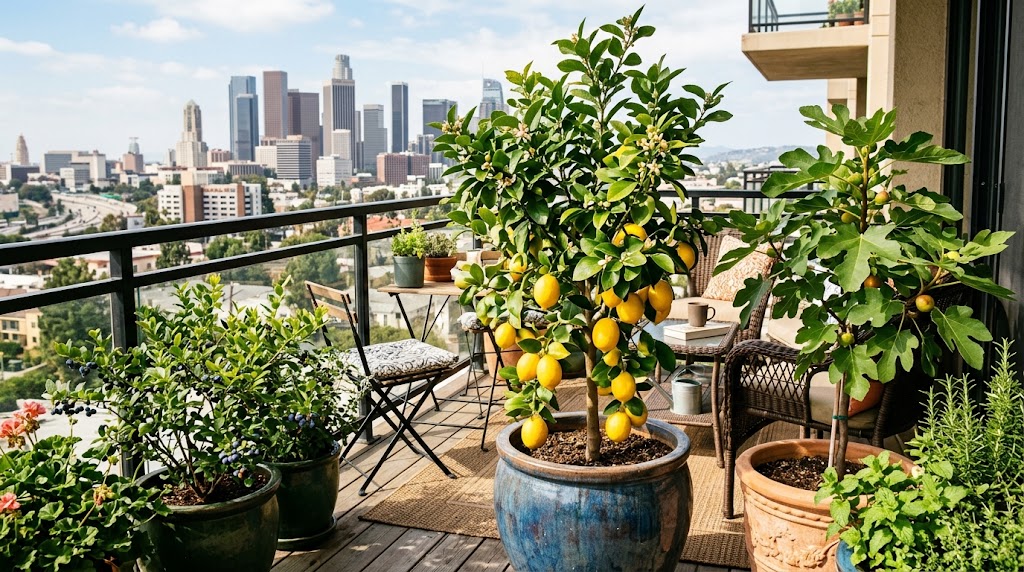 Potted dwarf fruit trees for apartment balconies bearing fresh lemons and figs on a sunny patio