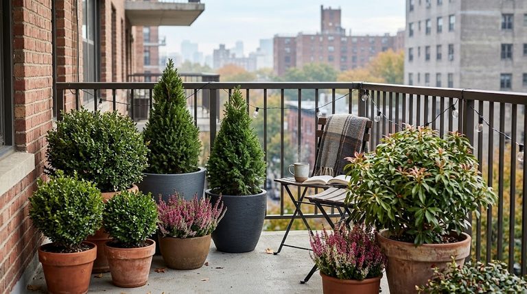 Potted evergreen shrubs for balcony containers lining an apartment patio border