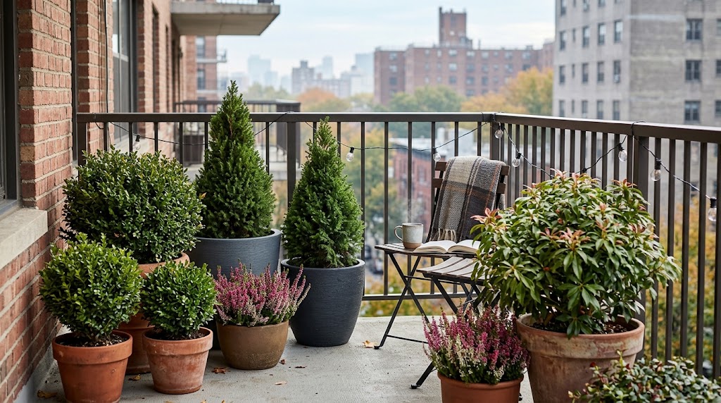 Potted evergreen shrubs for balcony containers lining an apartment patio border