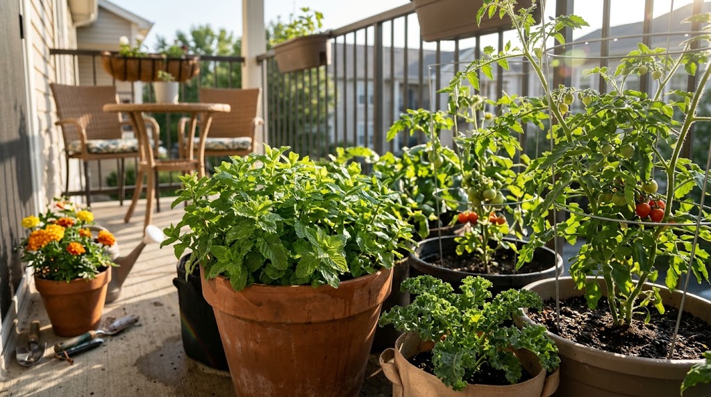 Potted spearmint arranged alongside thriving companion plants for balcony mint on an urban patio