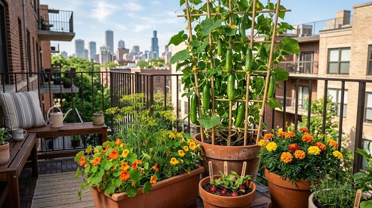 Potted vining cucumbers growing alongside companion plants for balcony cucumbers on a sunny apartment patio