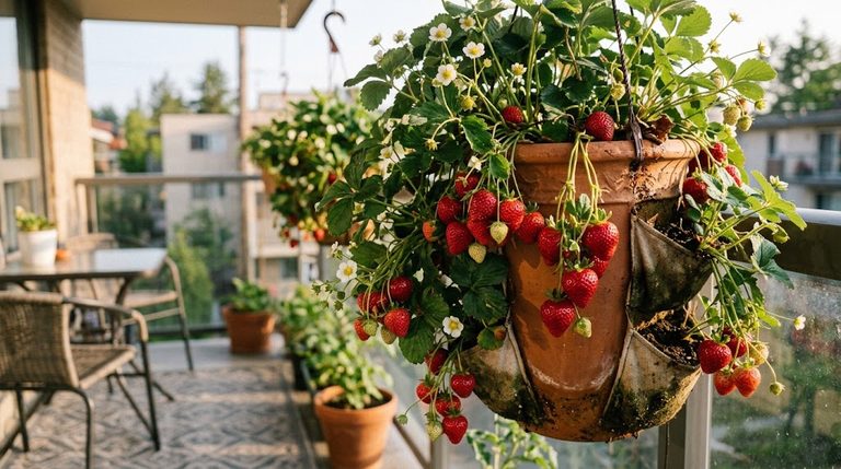 Ripe red berries from top strawberry varieties for balcony containers dangling over a hanging pot